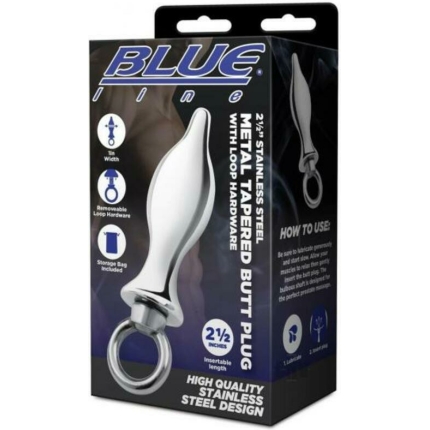 Blue Line 2.5" Stainless Steel Metal Tapered Butt Plug With Loop Hardware