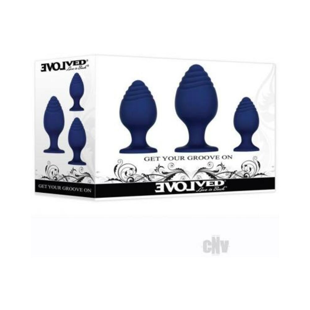 844477018829_1 Evolved Get Your Groove On Butt Plug Set Of 3 Silicone Blue - Image 1