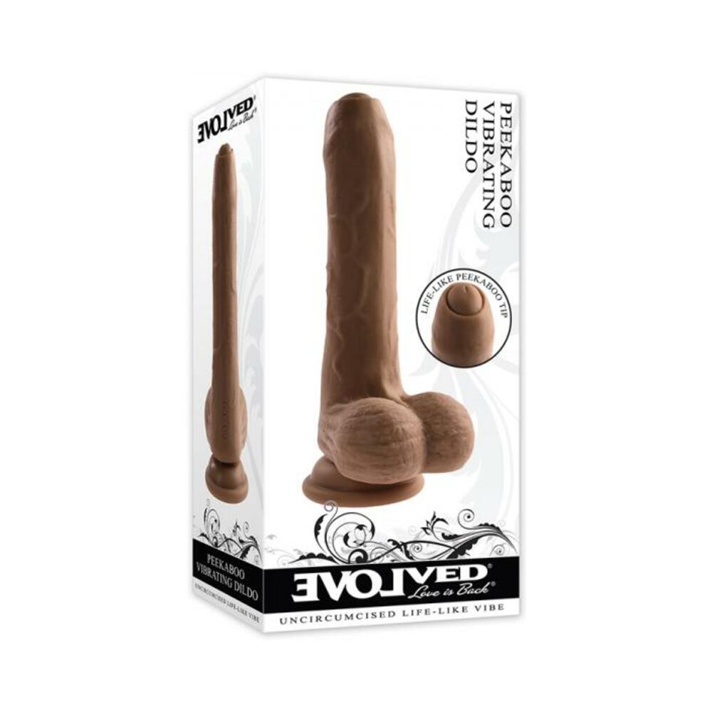 844477022789_1 Evolved Peek A Boo Rechargeable Vibrating 8 In. Silicone Uncircumcised Dildo With Power Boost Dark - Image 1
