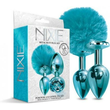 Nixie Metal Butt Plug Set Pom Pom And Jewel-inlaid Metallic Blue
