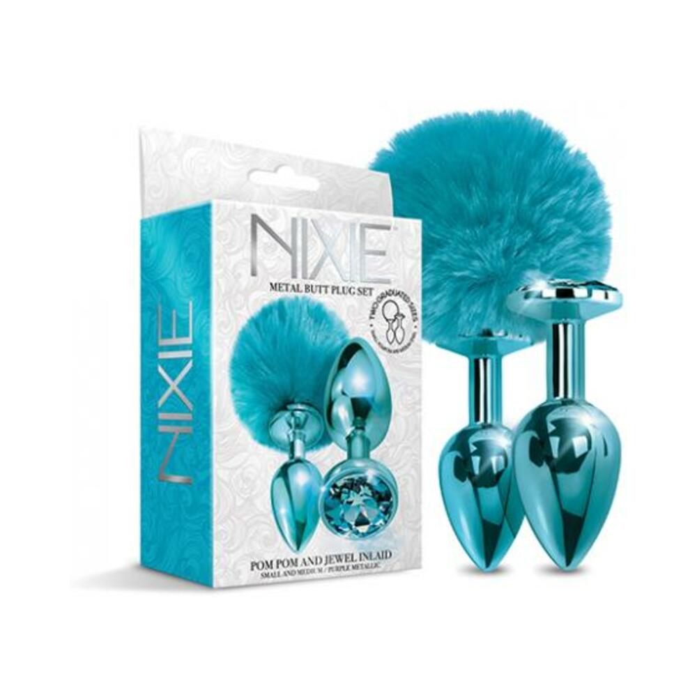850010096797_1 Nixie Metal Butt Plug Set Pom Pom And Jewel-inlaid Metallic Blue - Image 1