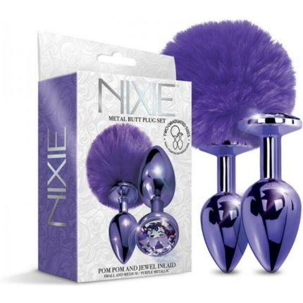 Nixie Metal Butt Plug Set Pom Pom And Jewel-inlaid Metallic Purple