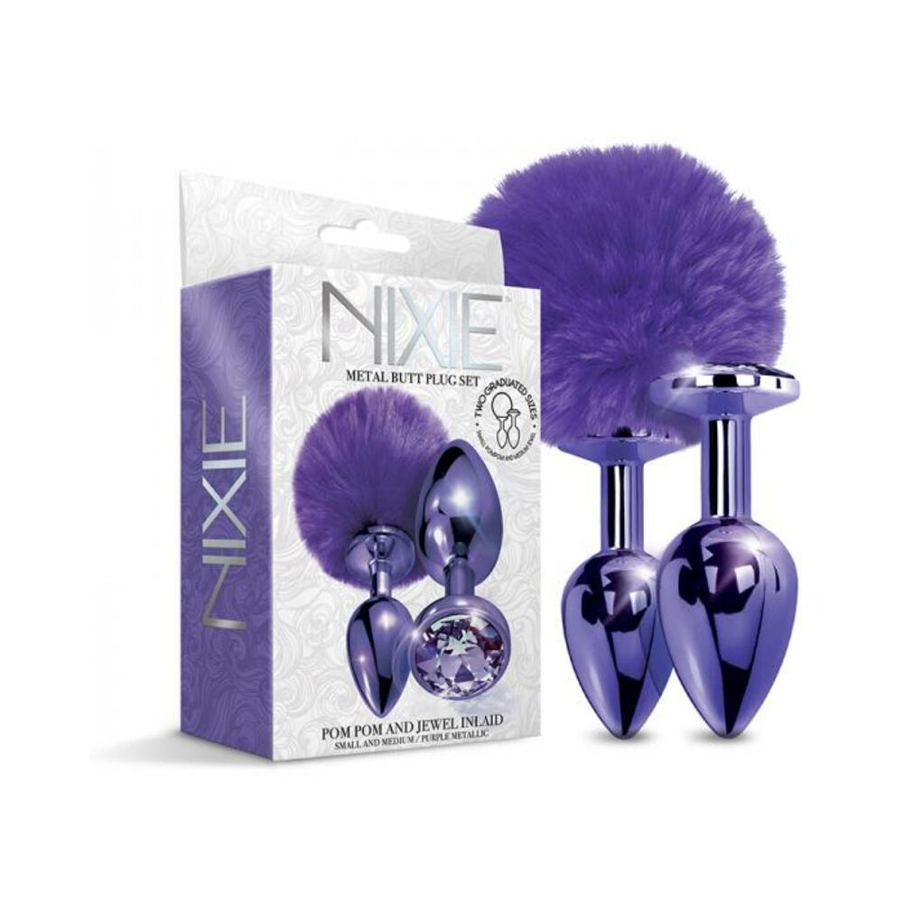 850010096803_1 Nixie Metal Butt Plug Set Pom Pom And Jewel-inlaid Metallic Purple - Image 1