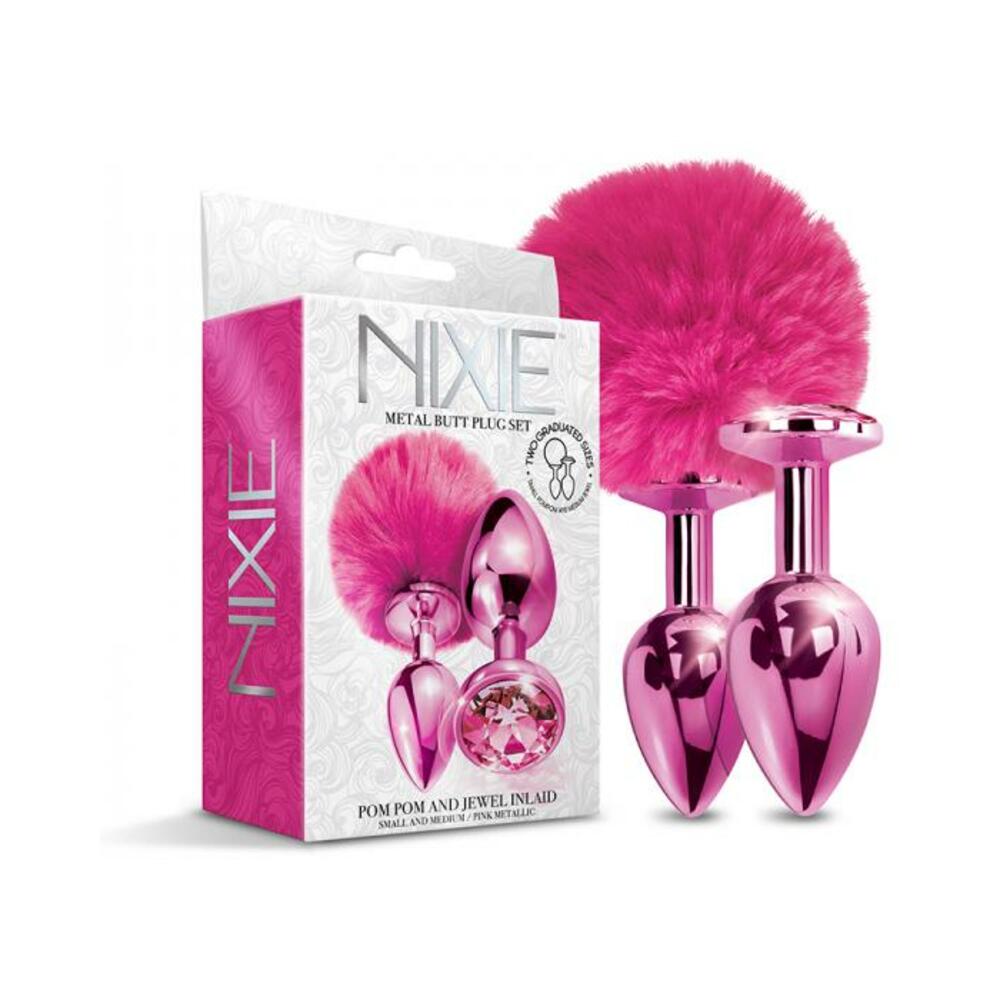 850010096810_1 Nixie Metal Butt Plug Set Pom Pom And Jewel-inlaid Metallic Pink - Image 1