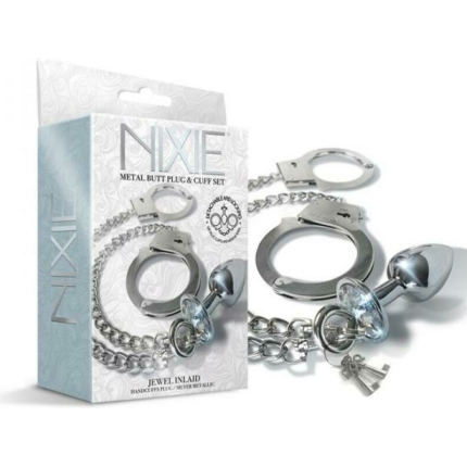 Nixie Metal Butt Plug & Handcuffs Set Silver