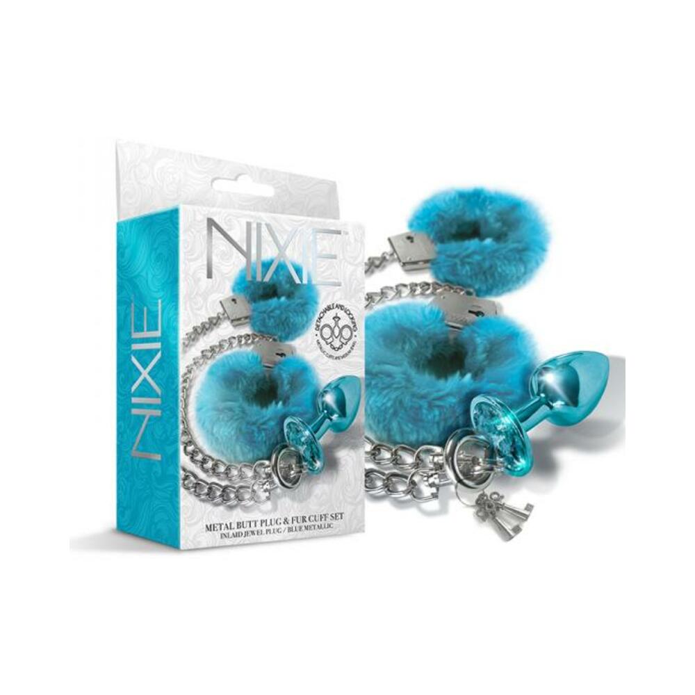 850010096940_1 Nixie Metal Butt Plug & Furry Handcuff Set Mediumblue Metallic - Image 1