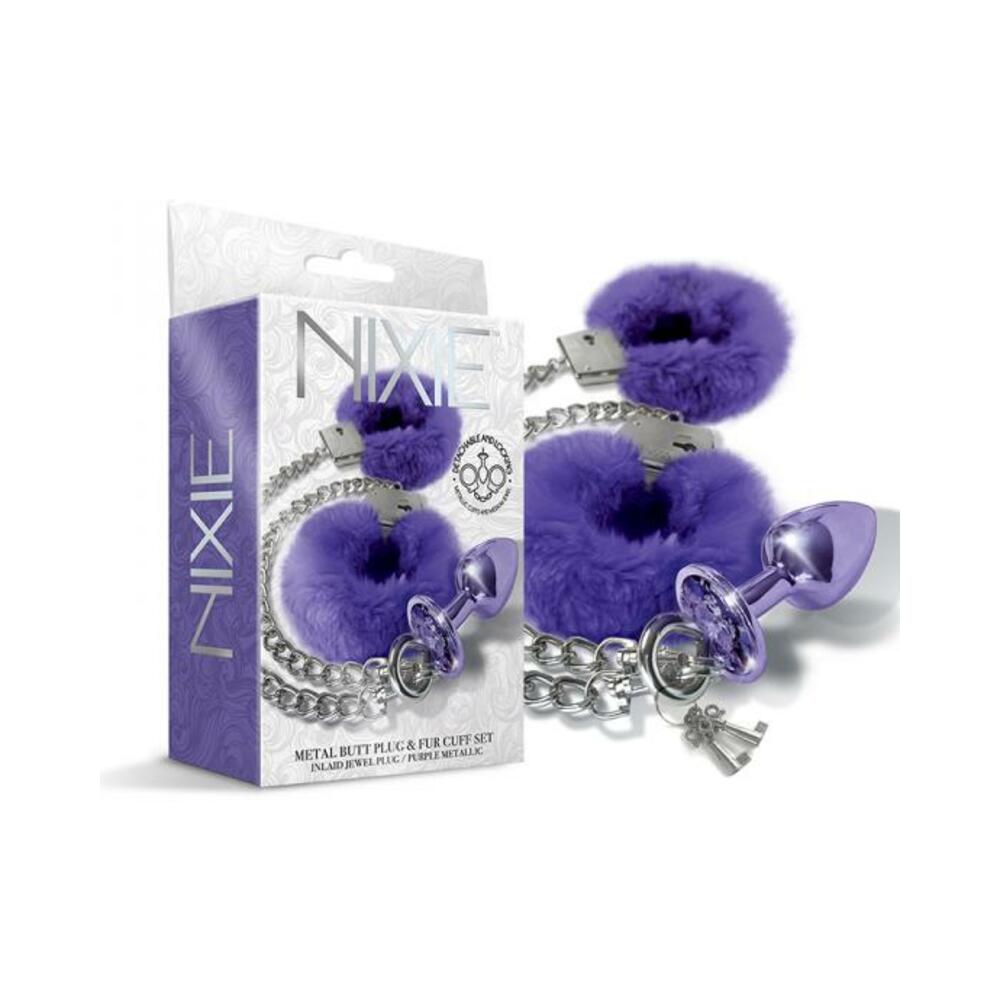 850010096957_1 Nixie Metal Butt Plug & Furry Handcuff Set Medium Purple Metallic - Image 1