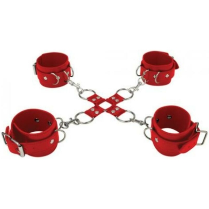 Ouch Leather Hand and Leg Cuffs Red