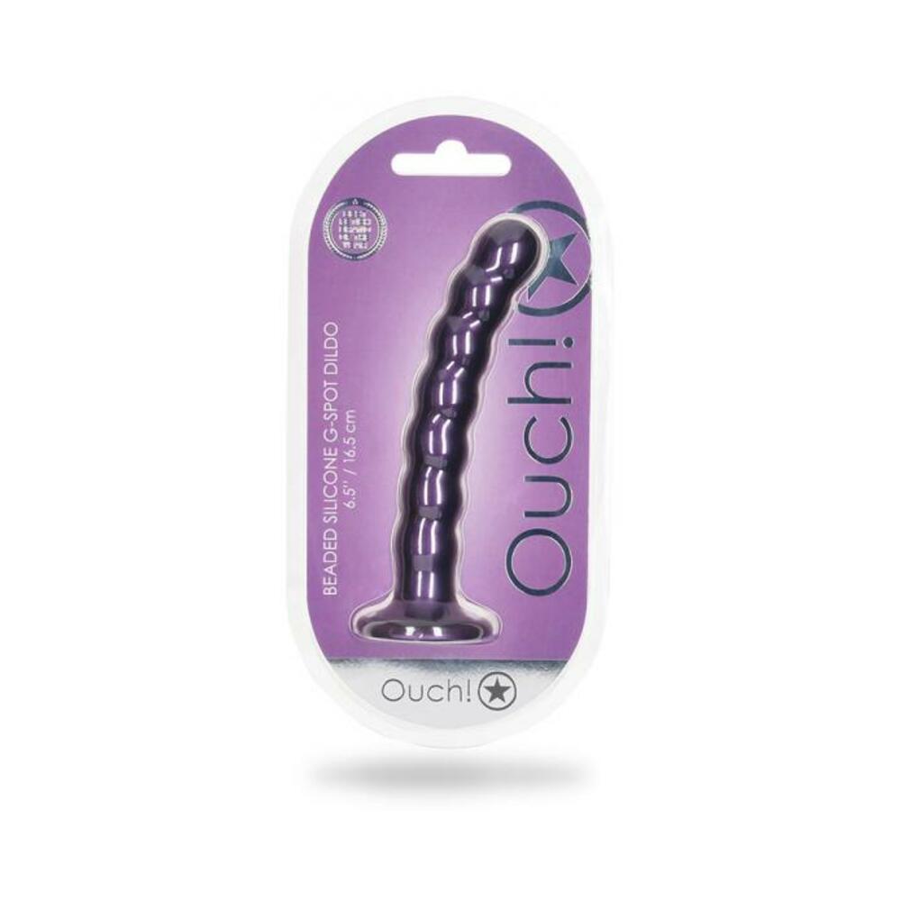 8714273494825_1 Shots Ouch! Beaded Silicone 6.5 In. G-spot Dildo Metallic Purple - Image 1