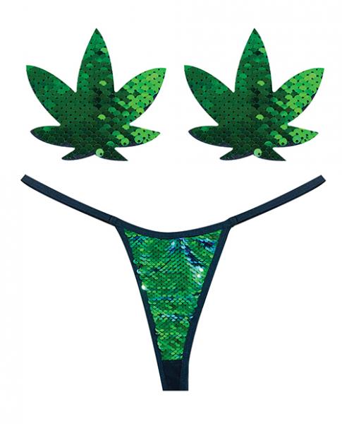 CNVELD-NN-GSTARI6291f2ff16844 Neva Nude Naughty Knix Weed Leaf Sequin G-string & Pasties - Green O/s - Image 1
