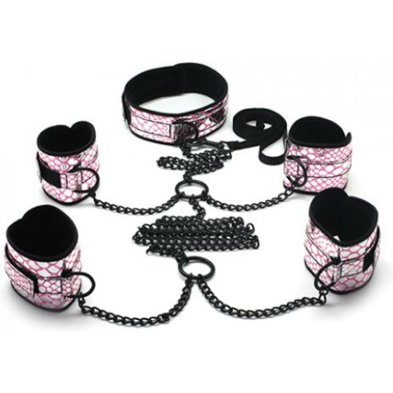 Spartacus Faux Leather Collar To Wrist & Ankle Restraints Bondage Kit W/leash - Pink